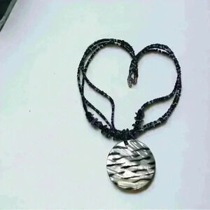 Black Multi-strand Seed Bead Necklace w Round Shell Medallion